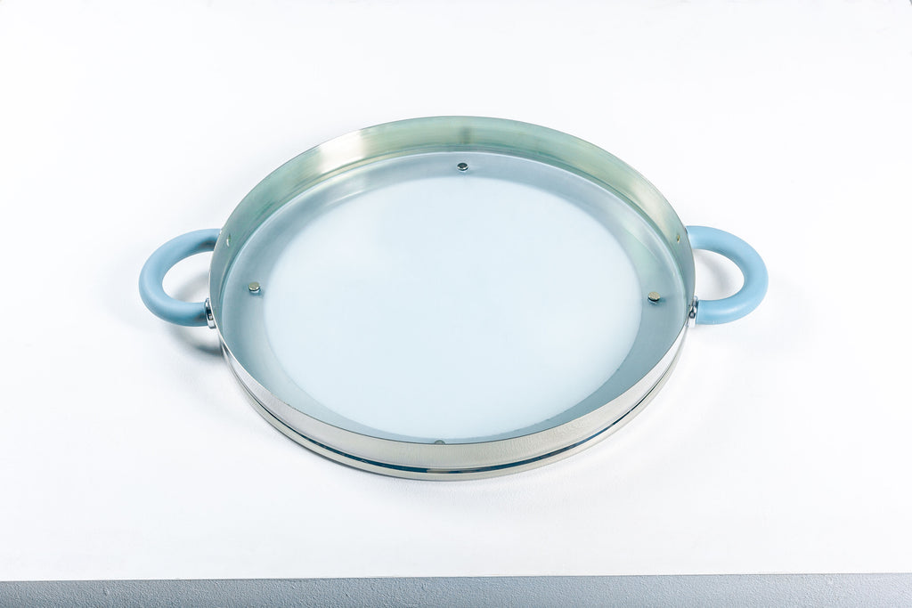 Postmodern Serving Tray by Michael Graves, Stainless Steel and Frosted  Glass, 2000 USA