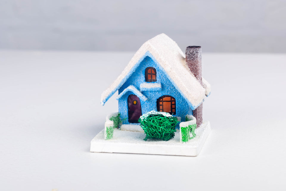 1930s Blue Snowy House with chimney, Putz House by Jason Sargenti 2020