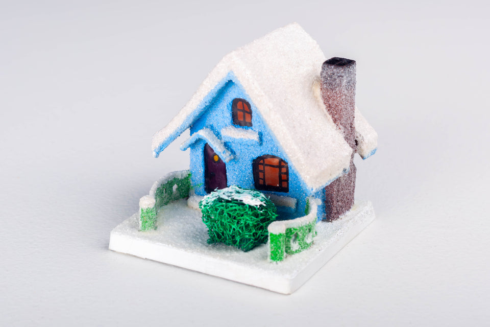 1930s Blue Snowy House with chimney, Putz House by Jason Sargenti 2020