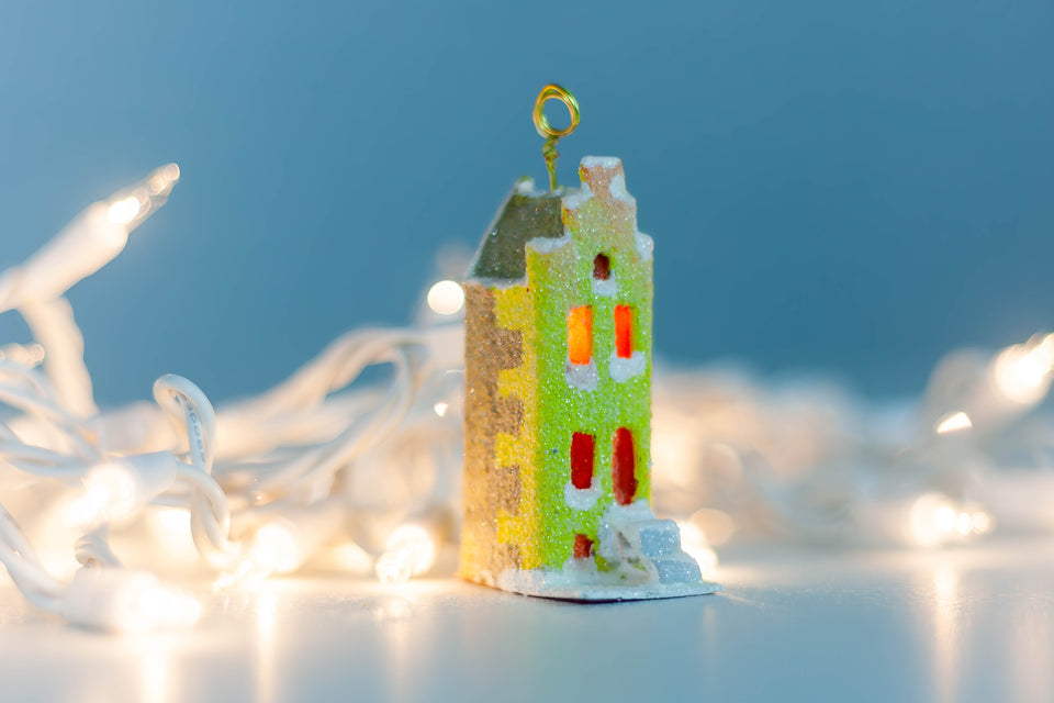 Snowy 1970s Yellow Building, Tree Ornament by Jason Sargenti