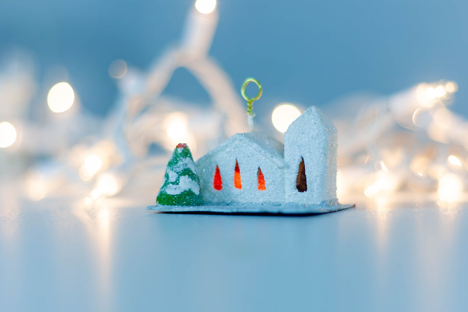 Snowy 1970s Church with Tree, Tree Ornament by Jason Sargenti