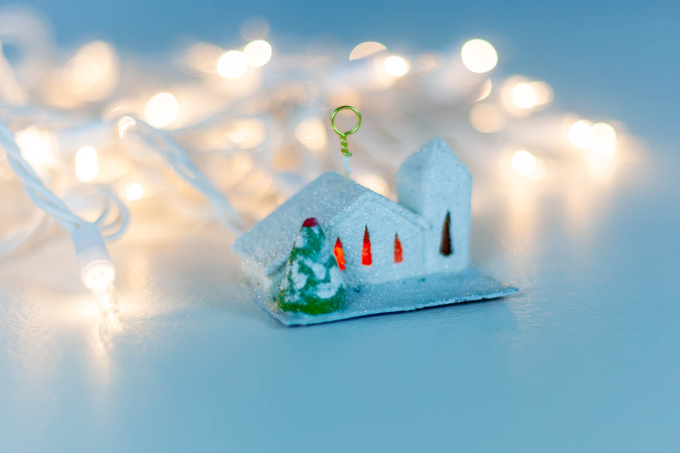 Snowy 1970s Church with Tree, Tree Ornament by Jason Sargenti