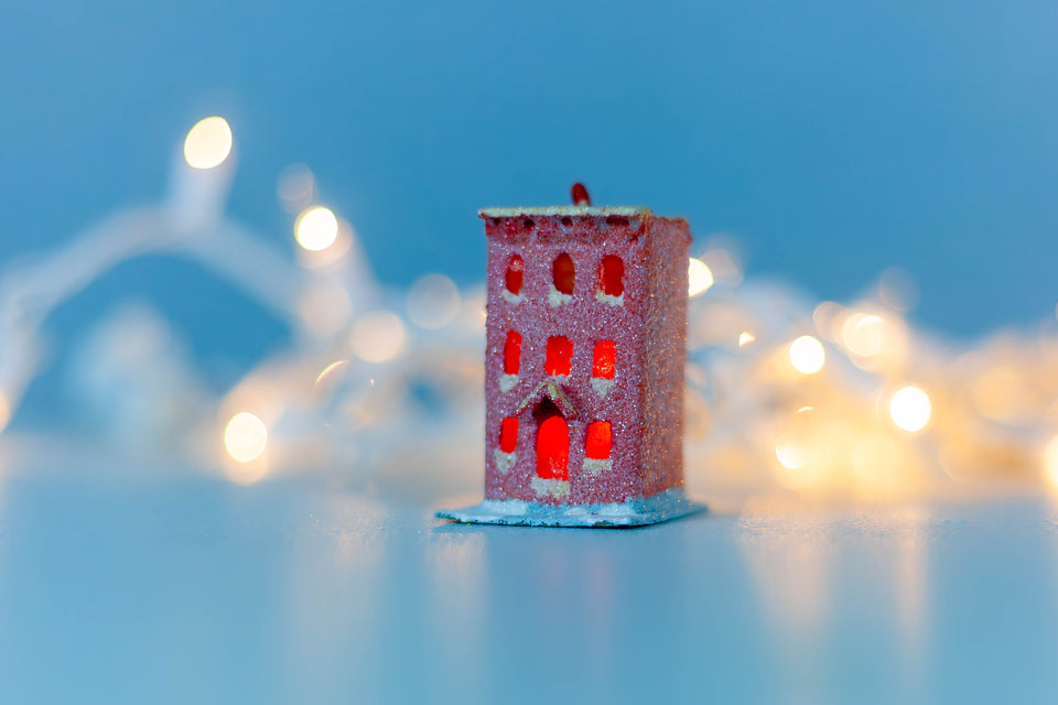 Snowy 1970s Cherry Red Building, Tree Ornament by Jason Sargenti