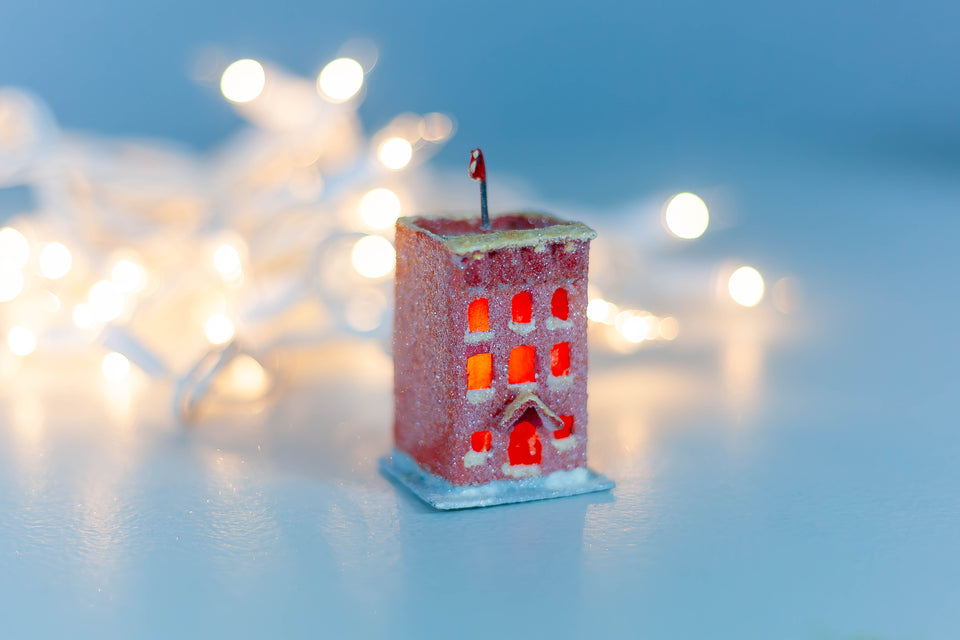 Snowy 1970s Cherry Red Building, Tree Ornament by Jason Sargenti