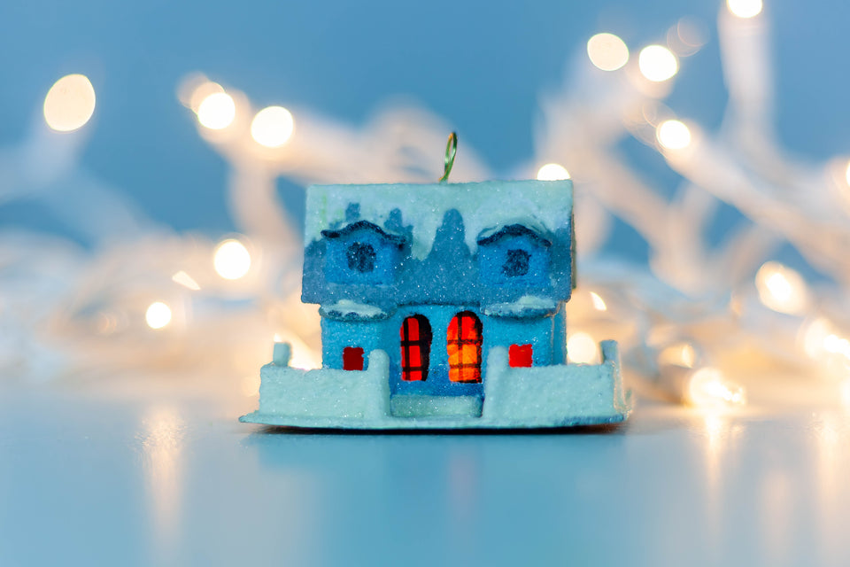 Snowy 1970s Blue House, Tree Ornament by Jason Sargenti