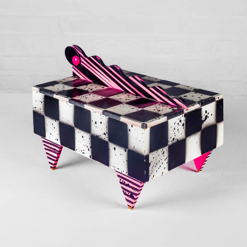 Large 80s Lacquered Box by Hollis Fingold, Checkerboard & Neon Pink, Signed USA
