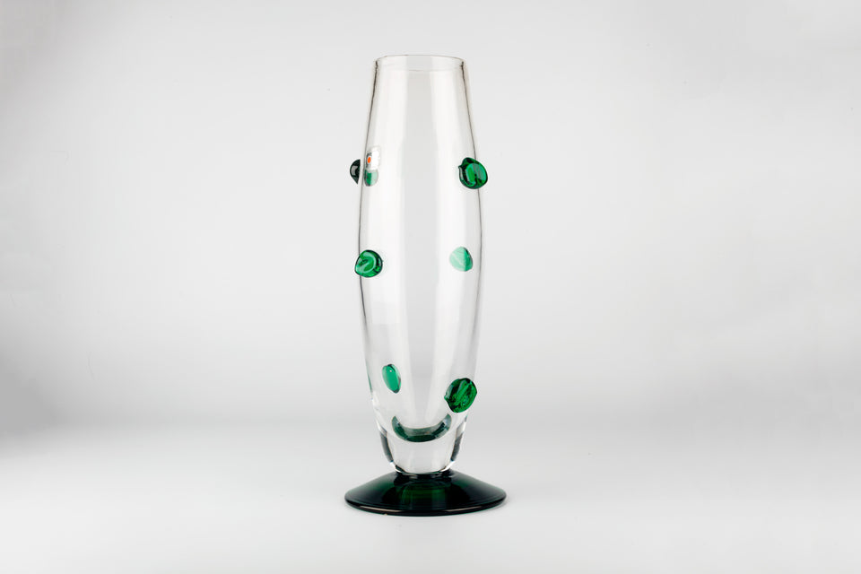 Green and clear, large, handblown glass vase made by Blenko.