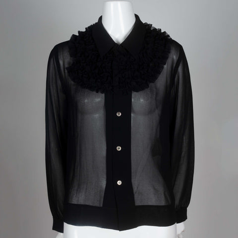 Comme des Garçons 1998 black chiffon blouse from Japan with long point collar and ruffle.