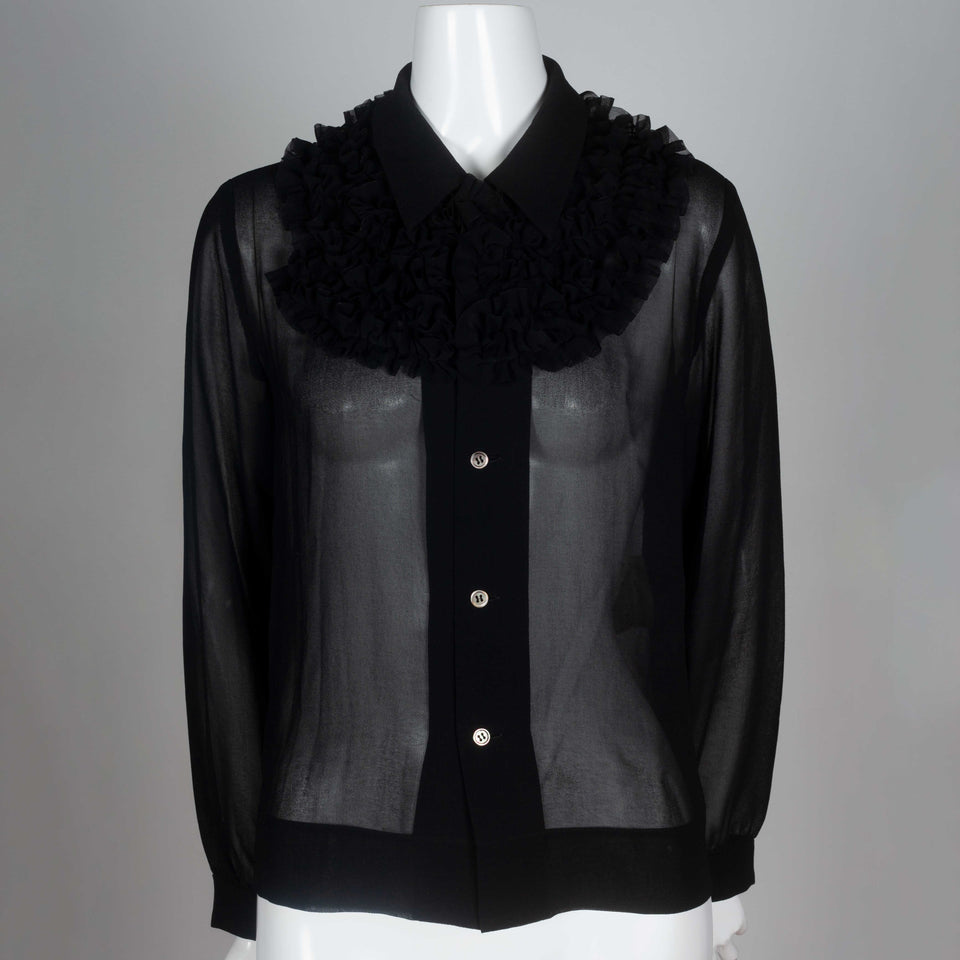 Comme des Garçons 1998 black chiffon blouse from Japan with long point collar and ruffle.