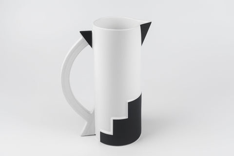 Black and white art deco inspired carafe from 1980s Japan, designed by Kato Kogei for Fujimori.