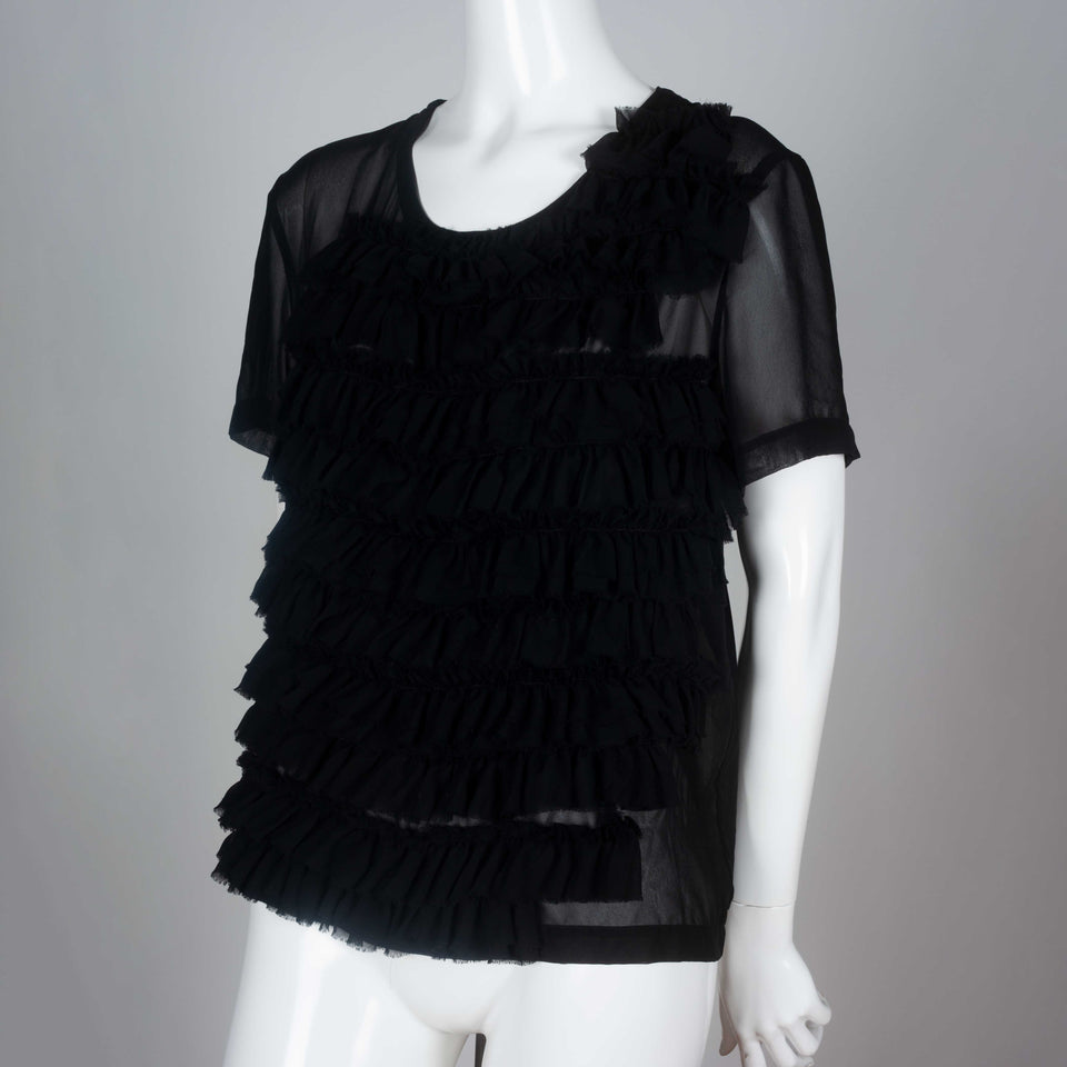 Comme des Garçons 2014 black chiffon short sleeve blouse with ruffled front and open back.