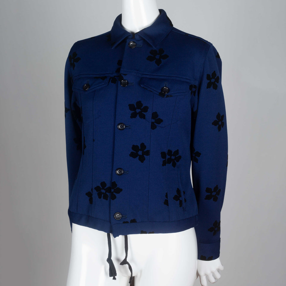 Comme des Garçons Robe de Chambre 2003 deep blue jacket with black velvet flowers. 