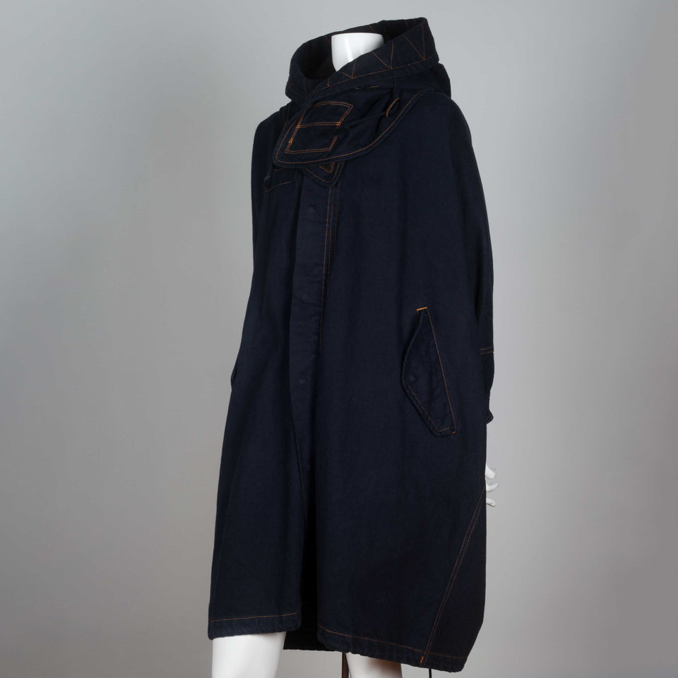 Comme des Garçons Tricot 2011 dark blue denim poncho style coat with hood.  