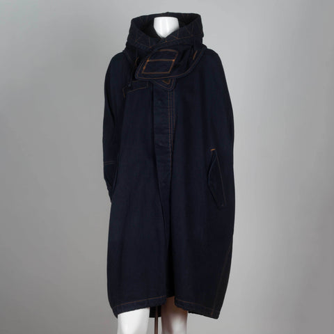 Comme des Garçons Tricot 2011 dark blue denim poncho style coat with hood.  