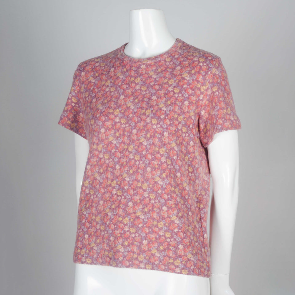 Comme des Garçons mauve short sleeve sweater tee with floral pattern. 