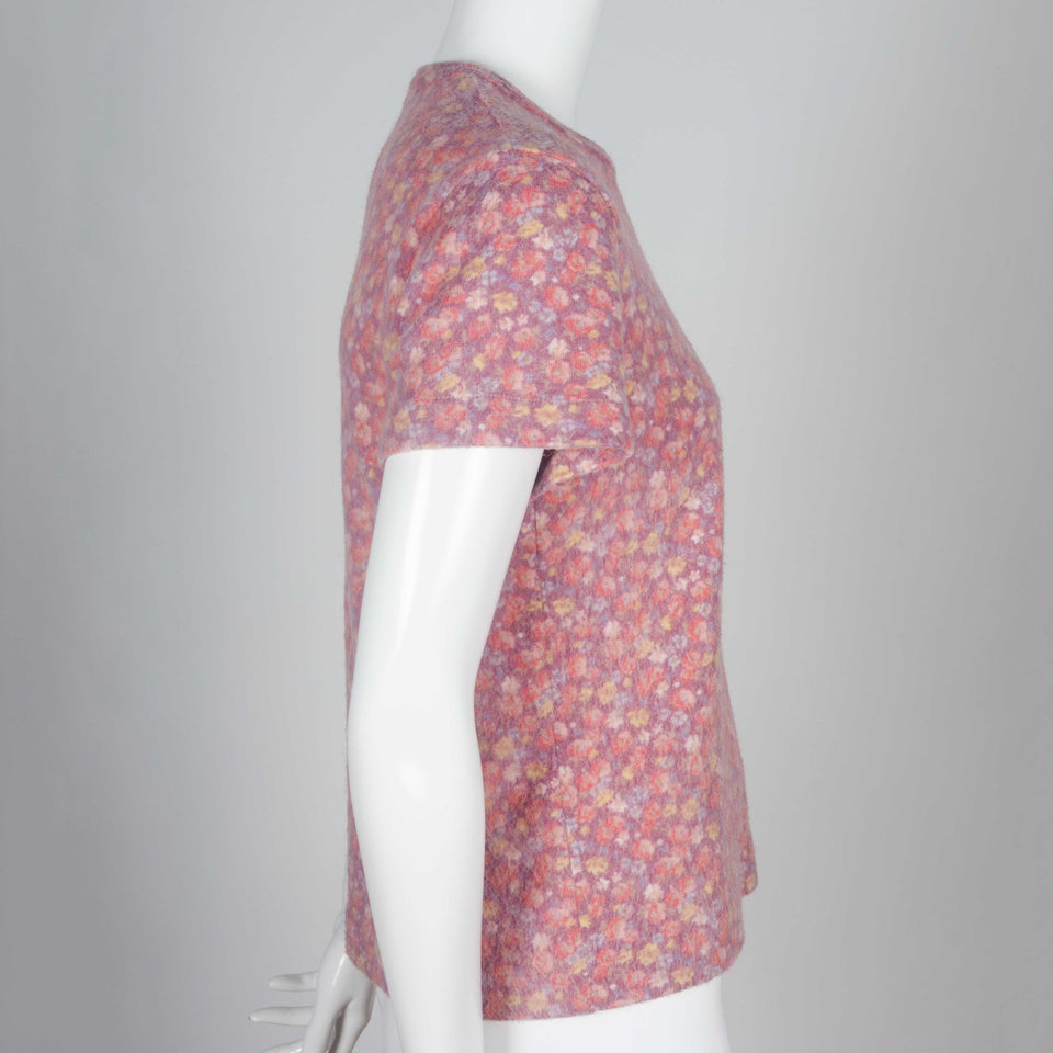 Comme des Garçons mauve short sleeve sweater tee with floral pattern. 