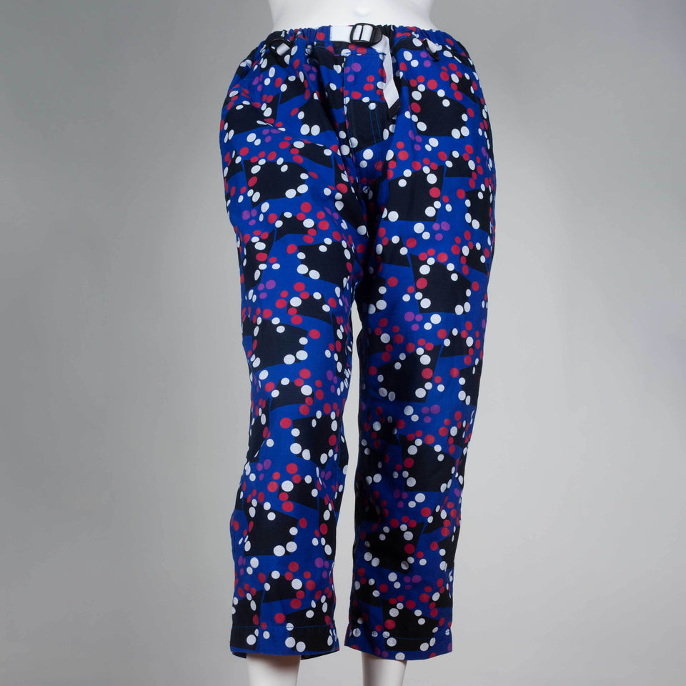 Comme des Garçons Ganryu 2012 trousers in blue with black geometric pattern, and red and white dots. 
