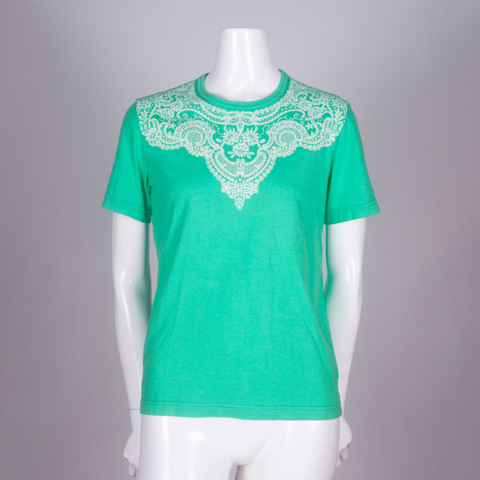 Comme des Garçons 2006 green tee from Japan with lace motif around collar. 