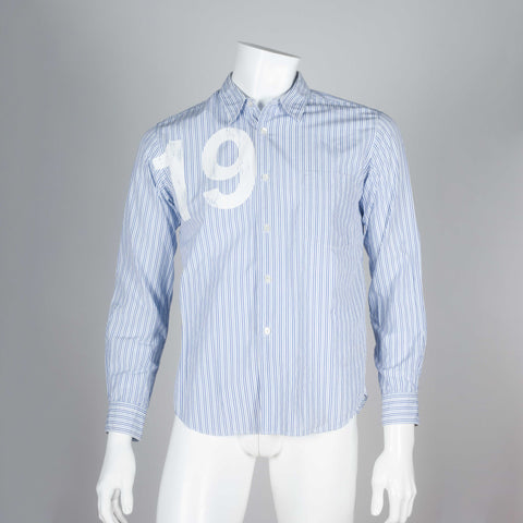 Comme des Garçons 2005 long sleeve poplin shirt with blue and white pinstripes and screen printed number 19.