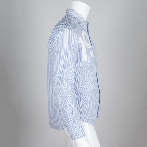 Comme des Garçons 2005 long sleeve poplin shirt with blue and white pinstripes and screen printed number 19.