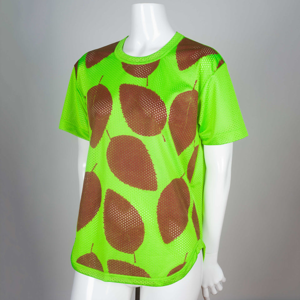  Comme des Garçons tee in neon green mesh from Japan with sienna screen-printed leaves. 