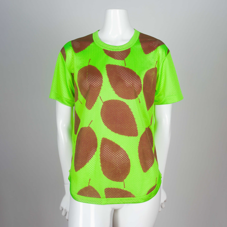  Comme des Garçons tee in neon green mesh from Japan with sienna screen-printed leaves. 