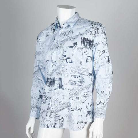 Comme des Garçons poplin shirt from Japan in light blue with illustrations by Japanese artist, Masaho Anotani. 