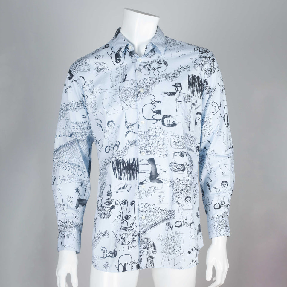 Comme des Garçons poplin shirt from Japan in light blue with illustrations by Japanese artist, Masaho Anotani. 