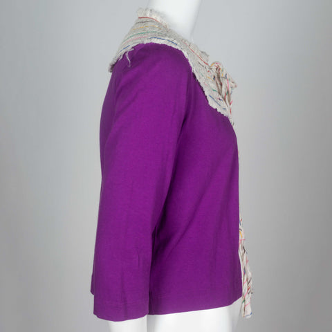 Comme des Garçons 2007 purple three quarter sleeve cardigan with off-white collar resembling a 17th century ruff, and embroidered with multi-color thread. 