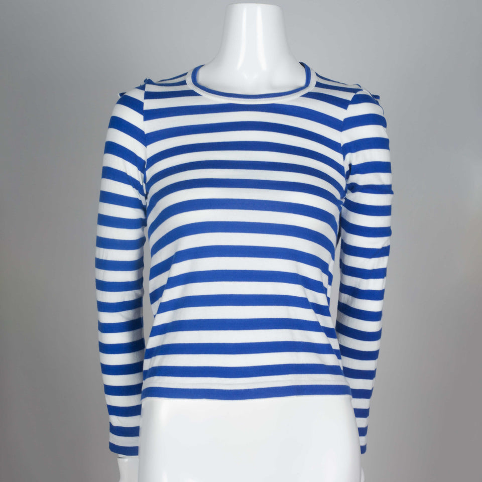 Comme des Garçons 2007 long sleeve blue horizontal striped shirt cut in a square.