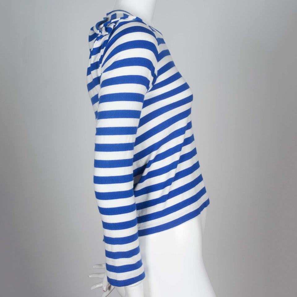 Comme des Garçons 2007 long sleeve blue horizontal striped shirt cut in a square.