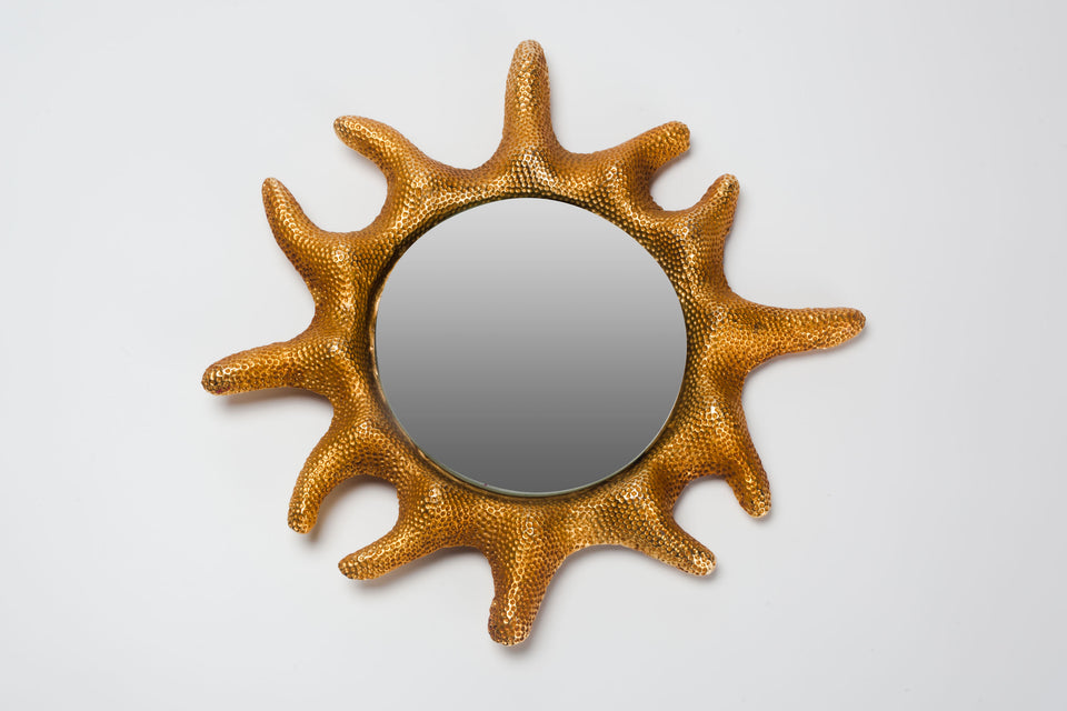Round wall mirror framed in gilt bronze, made in France in 1995 and designed by Stéphane Galerneau for Fondica.