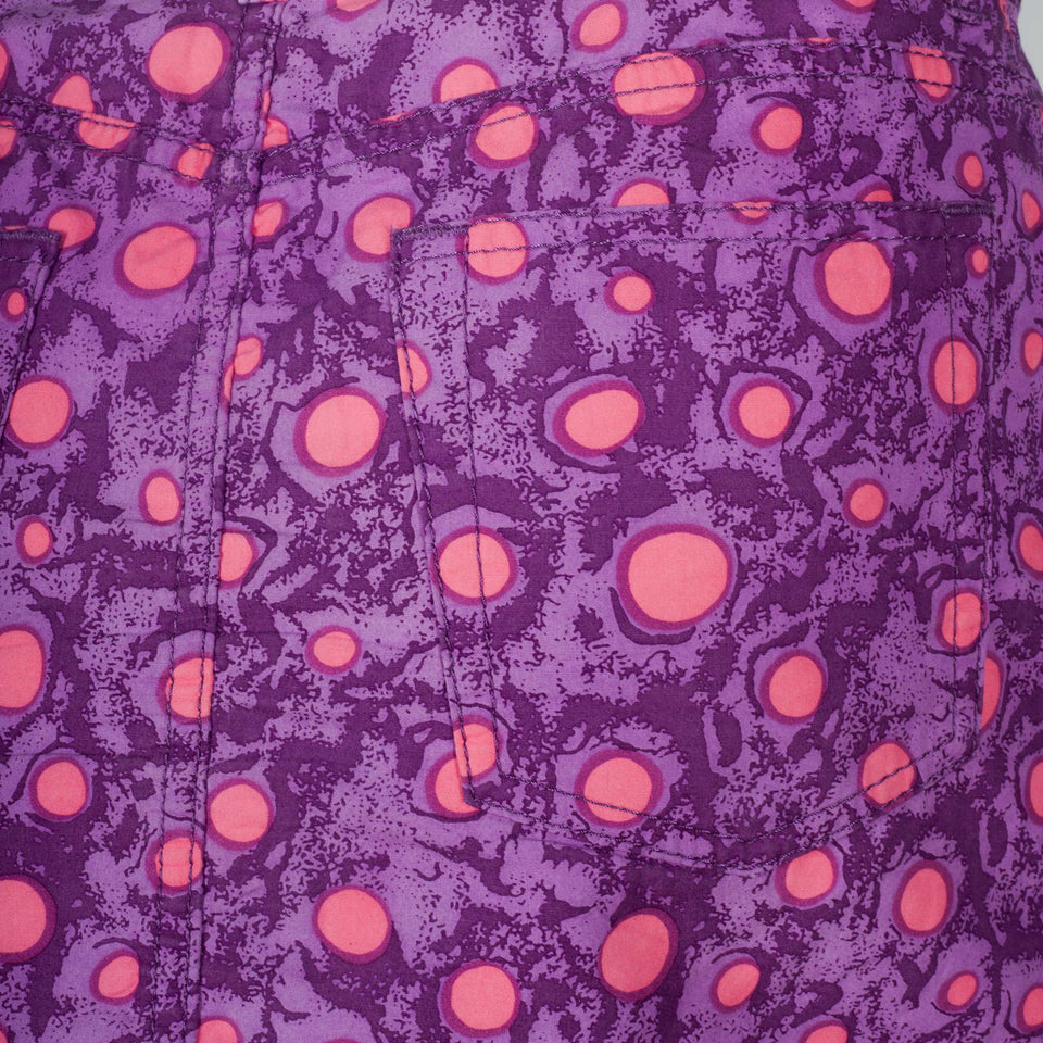 Comme des Garçons Tao 2009 cotton mini skirt in two shades of purple and playful, bright pink circles motif. 