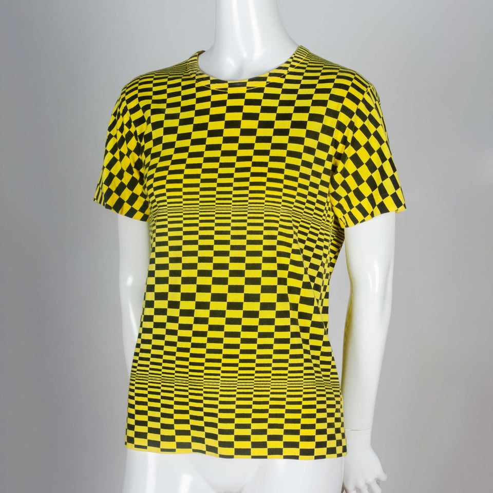 Comme des Garçons 2000 archive from Japan, a neon yellow and black, screen-printed, checker patterned cotton t-shirt.