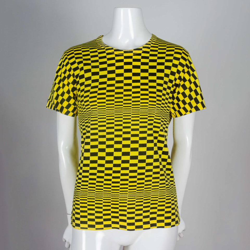 Comme des Garçons 2000 archive from Japan, a neon yellow and black, screen-printed, checker patterned cotton t-shirt.