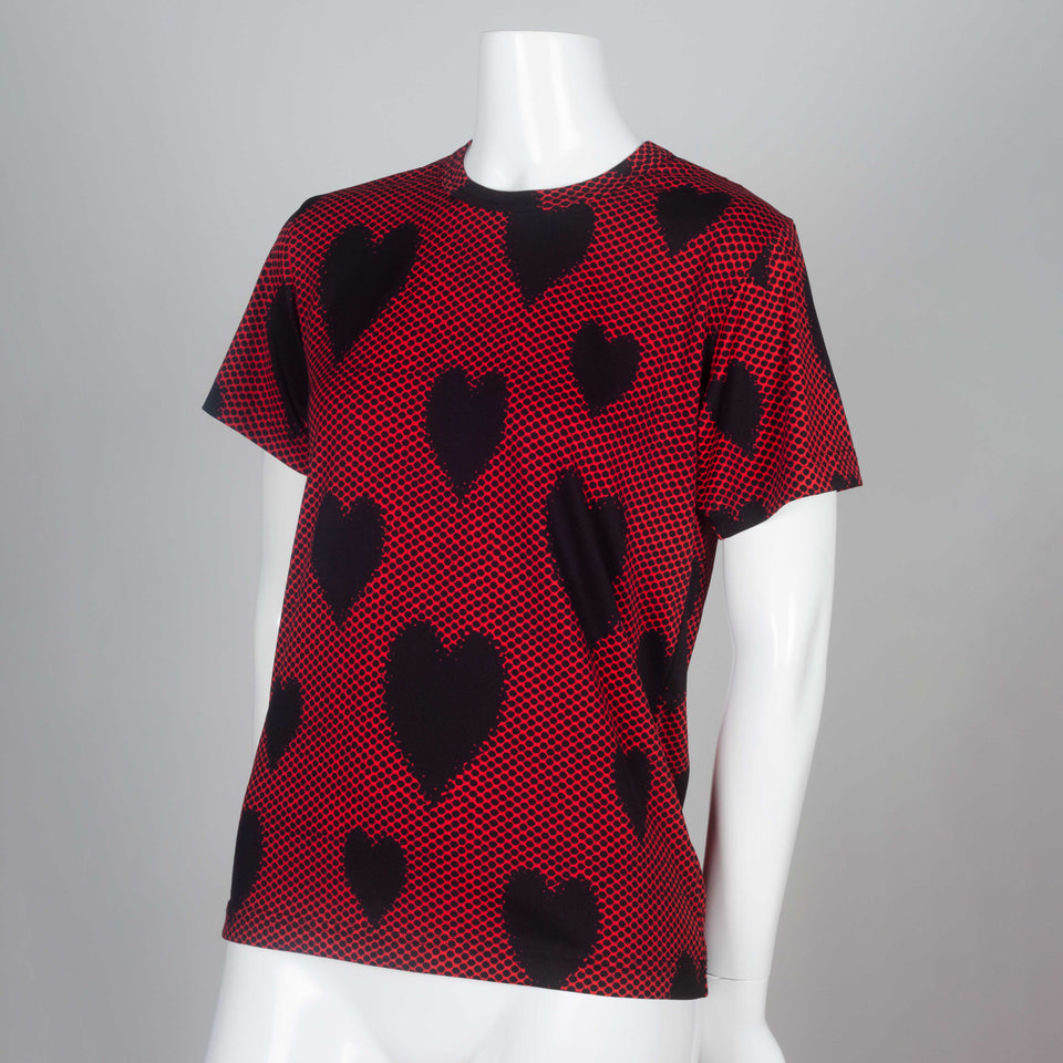 From Comme des Garçons 2008 vintage archive. A red, short sleeve shirt with black dots and hearts.