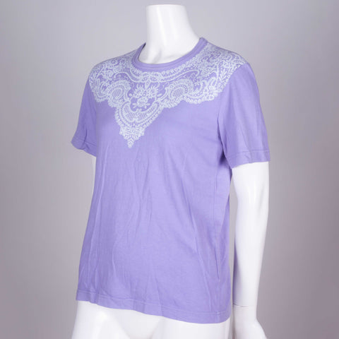 Comme des Garçons 2006 purple short sleeve t-shirt from Japan with lace motif around collar. 