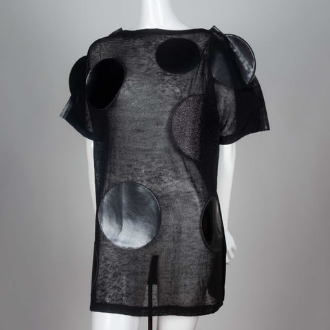 Junya Watanabe x Comme des Garçons 2014 oversized sheer linen and synthetic leather dress embellished with faux leather circles.