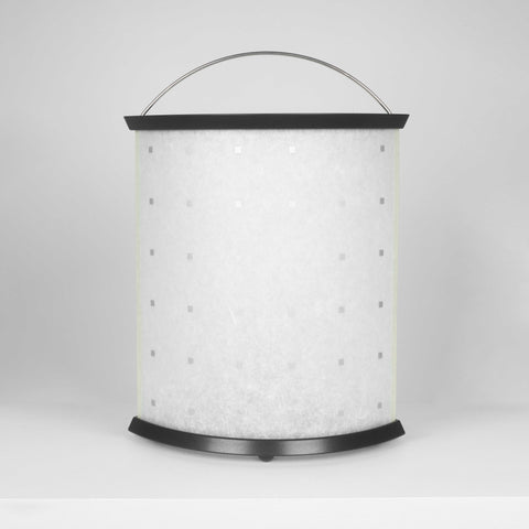Lantern style table lamp by Masanori Umeda in light grey parchment with silver square motif.