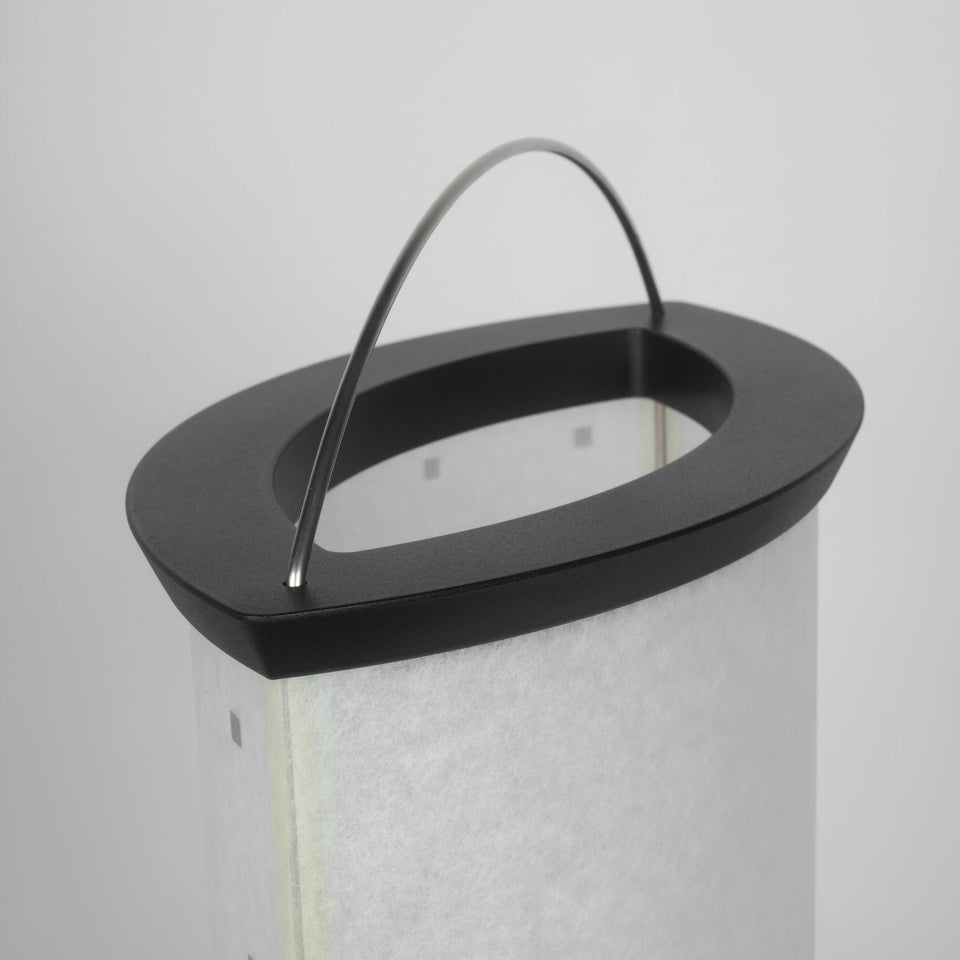 Lantern style table lamp by Masanori Umeda in light grey parchment with silver square motif.