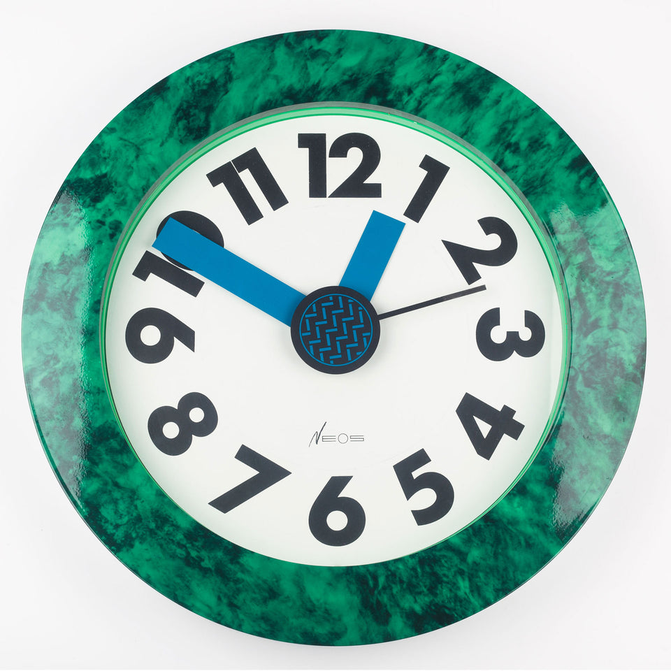 1980s Neos clock with green marble print frame by designers Nathalie du Pasquier and George Sowden. 